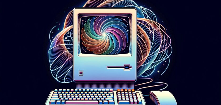Vector design of a 1989 Macintosh Classic computer, its screen glowing brightly and displaying an intricate pattern that morphs into a digital artwork, exemplifying the evolution of AI from past to present.